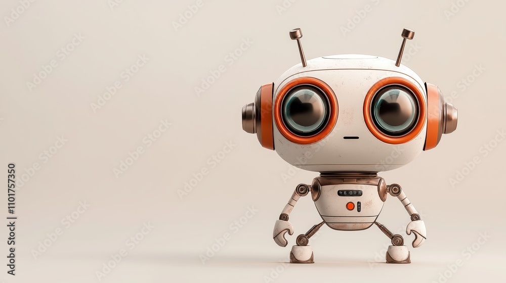 Cute cartoon robot character with large round eyes and antennas standing on a plain background Cute cartoon robot character with large round eyes and antennas standing on a plain background