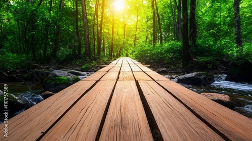 Tranquil Wooden Bridge Crossing Idyllic Forest Stream in Sunlit Scenery