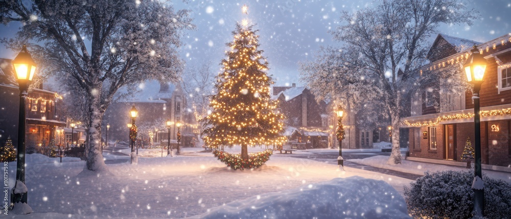 Winter Wonderland in a Quaint Town Square with a Large Christmas Tree Adorned with Lights, Snowfall, and Festive Atmosphere at Dusk Winter Wonderland in a Quaint Town Square with a Large Christmas Tree Adorned with Lights, Snowfall, and Festive Atmosphere at Dusk