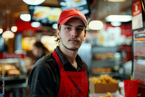 Generative AI Image of a Smiling Fast Food Worker Serving Burgers and Fries in a Cafeteria Setting