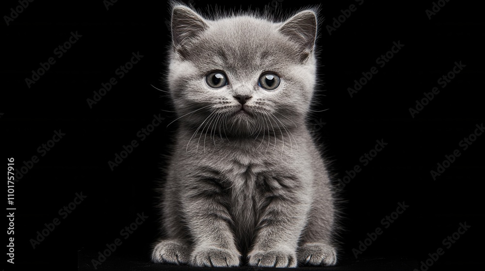 Adorable Grey British Shorthair Kitten, Studio Shot, Black Background