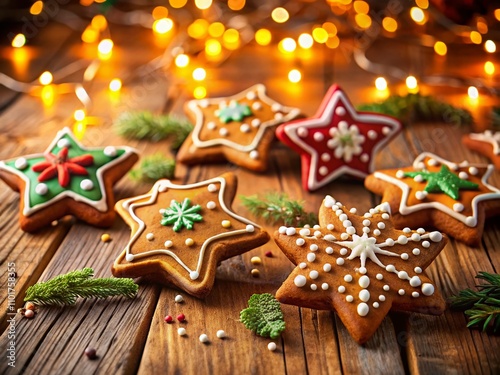 Homemade Gingerbread Star-Shaped Cookies for Christmas with Festive Bokeh Effect and Warm Holiday Ambiance