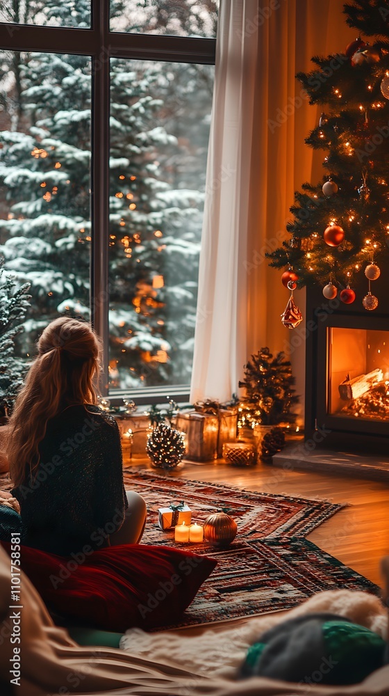 A woman enjoying a cozy winter evening by the fireplace with holiday decorations. A woman enjoying a cozy winter evening by the fireplace with holiday decorations.