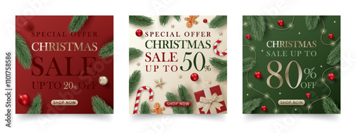 Set of 3d merry christmas sale banner template. Discount promotion sale offer cards with luxury gold gift boxes, red ball, green pine leaves. Online shop, store, flyer, poster, social media post