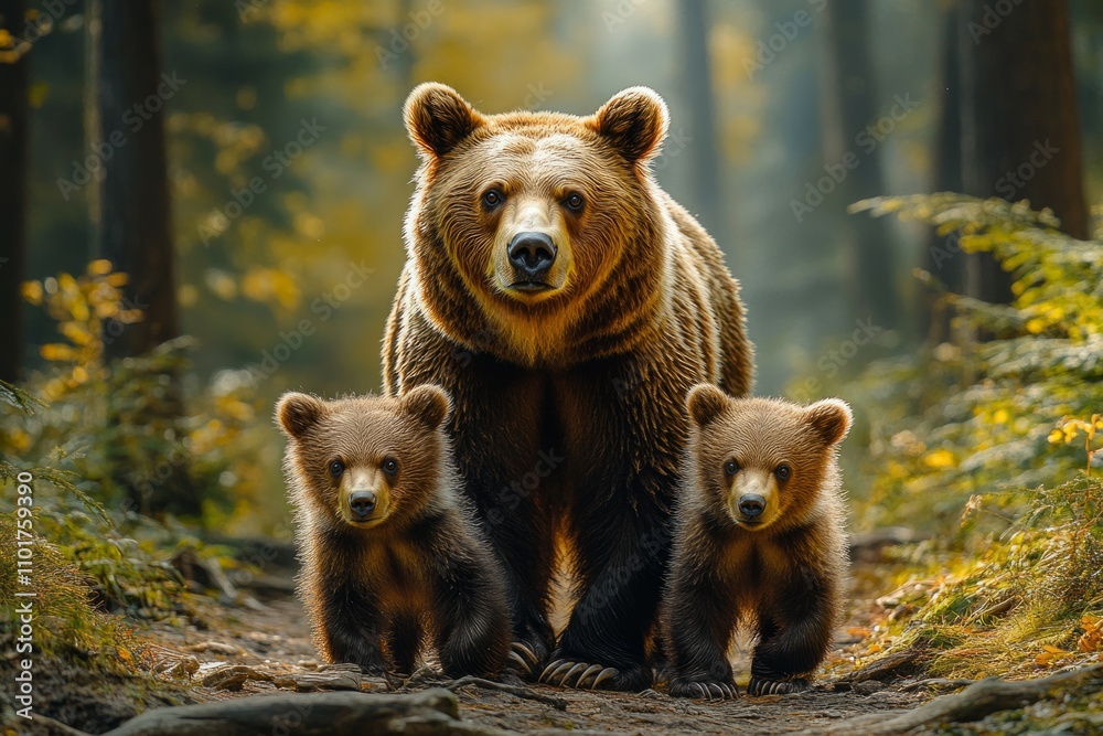 Fototapeta premium A bear with two cubs walking in the forest