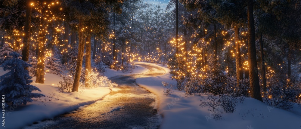 Serene Winter Landscape at Dusk with Twinkling Lights along the Snow-Covered Pathway in a Quiet Forest Scene Serene Winter Landscape at Dusk with Twinkling Lights along the Snow-Covered Pathway in a Quiet Forest Scene