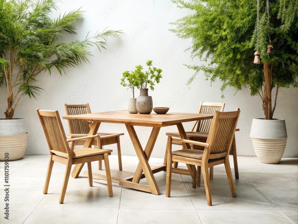Fototapeta premium Minimalist Outdoor Wooden Table and Chairs Set Isolated on White Background for Modern Design, Home Decor, and Lifestyle Photography