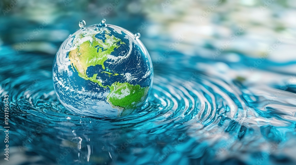 Water and Earth Concept Showcasing Globe in Rippling Water Surface Water and Earth Concept Showcasing Globe in Rippling Water Surface