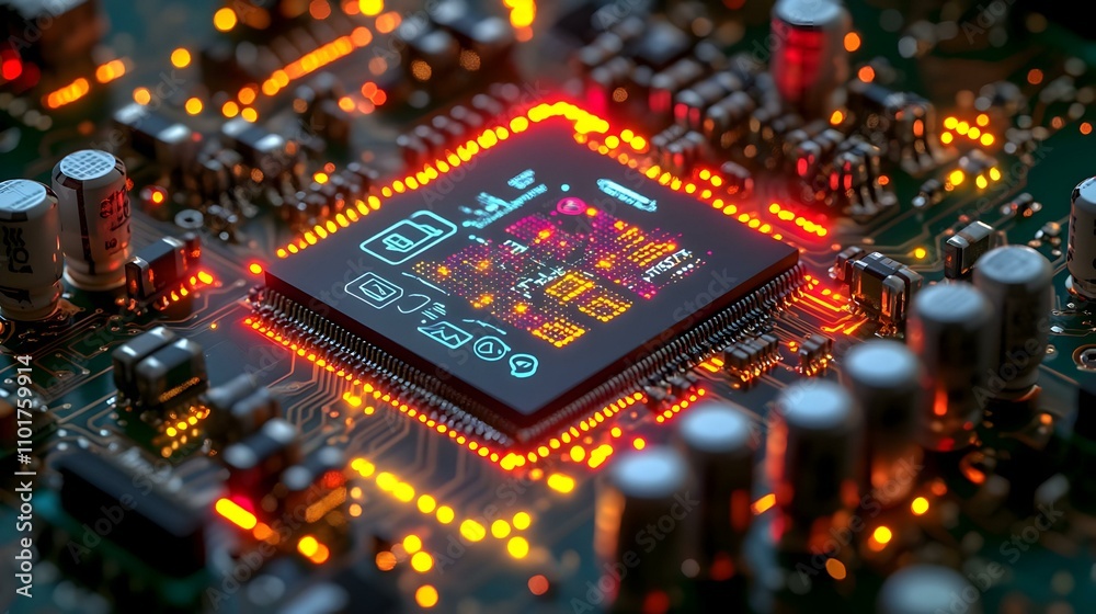 Obraz premium Macro Digital Marketing Microchip with SEO Tools and Icons for Branding Space