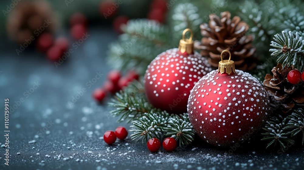 Close-Up of Red Christmas Ornaments with White Dotted Patterns, Surrounded by Frosted Pinecones and Greenery on a Dark Background Close-Up of Red Christmas Ornaments with White Dotted Patterns, Surrounded by Frosted Pinecones and Greenery on a Dark Background