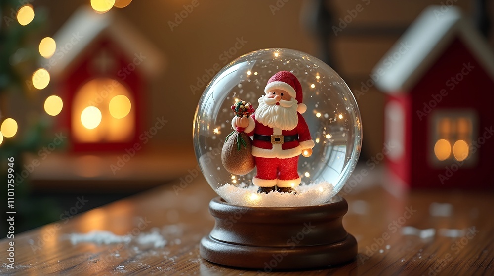 This bright and adorable Christmas snow globe shows off a delightful scene with Santa Claus happily holding a bag filled with gifts.