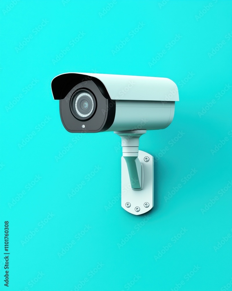 A modern security camera mounted on a vibrant turquoise wall, designed for surveillance and safety. A modern security camera mounted on a vibrant turquoise wall, designed for surveillance and safety.