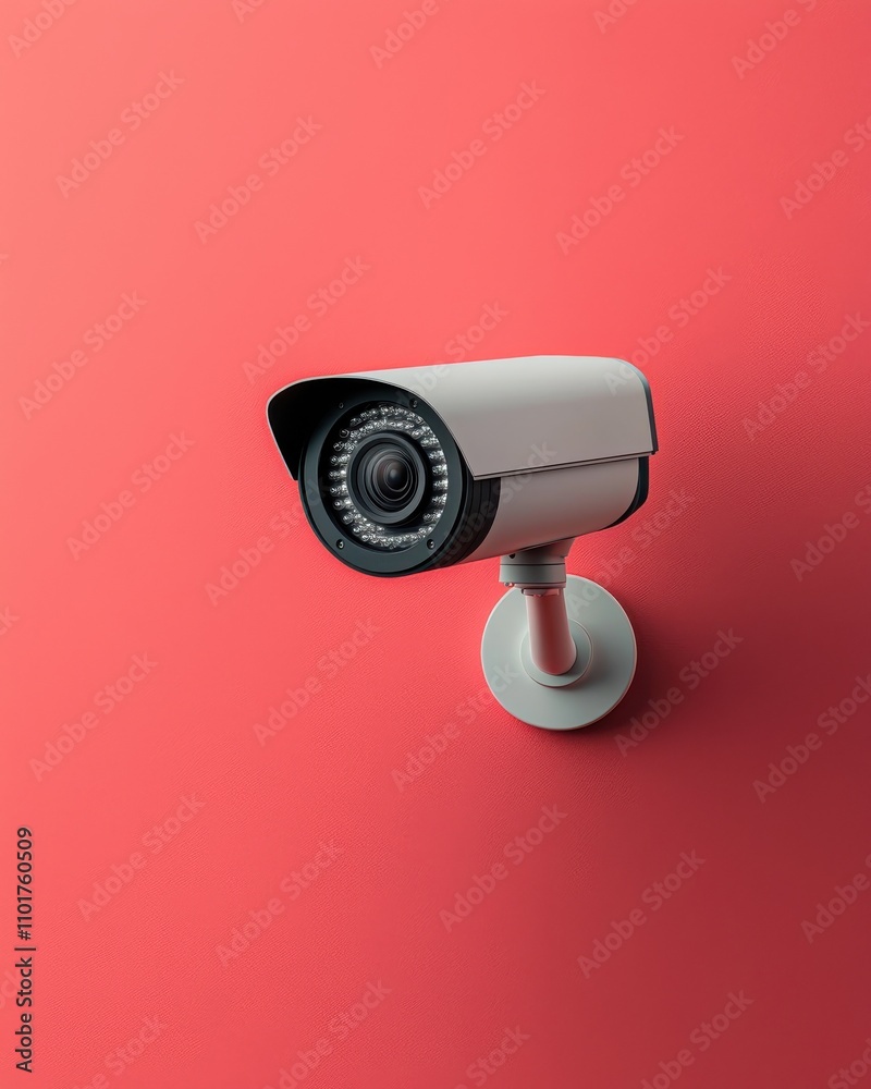A modern surveillance camera mounted on a vibrant red wall, symbolizing security and monitoring. A modern surveillance camera mounted on a vibrant red wall, symbolizing security and monitoring.