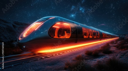 Wallpaper Mural Futuristic high-speed train traveling through a desert landscape at night under a starry sky. Torontodigital.ca