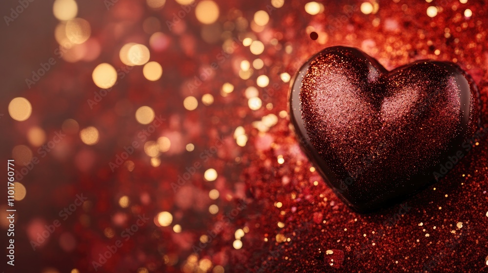 Fototapeta premium A creative shot of a heart-shaped box of chocolates with a background of red and gold glitter.