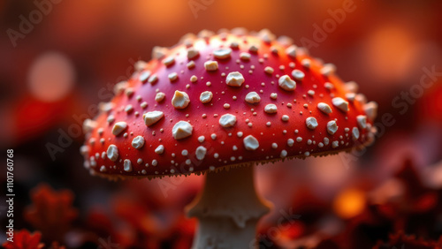 A single vibrant mushroom with droplets on its cap.