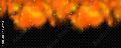 Orange magic fog. Yellow smoke with glowing particles. Colored powder with explosion effect.