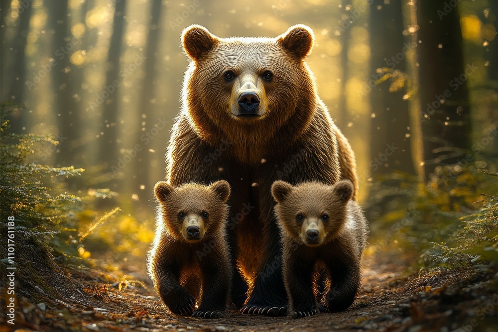 Fototapeta premium A bear with two cubs walking in the forest
