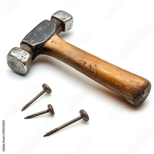 A classic hammer with nails, representing construction and DIY projects. photo