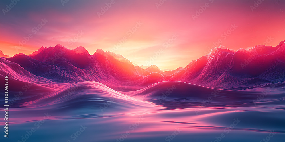 A surreal landscape where pastel-colored waves ripple through the sky, blending seamlessly with a glowing neon horizon, as floating geometric shapes with transparent outlines cast reflections on a mir A surreal landscape where pastel-colored waves ripple through the sky, blending seamlessly with a glowing neon horizon, as floating geometric shapes with transparent outlines cast reflections on a mir