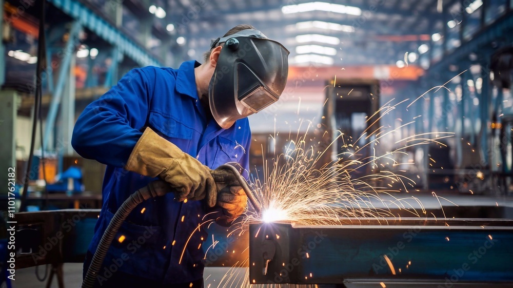 Skilled metalworker in a factory, wearing protective gear, creating a shower of sparks with arc welding, surrounded by industrial equipment Skilled metalworker in a factory, wearing protective gear, creating a shower of sparks with arc welding, surrounded by industrial equipment