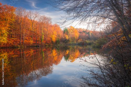 Autumn colorful foliage over lake with beautiful woods in red and yellow color. Bakony Forest and Mountain, Pisztrangos Lake, Hungary. Long exposure shot. photo