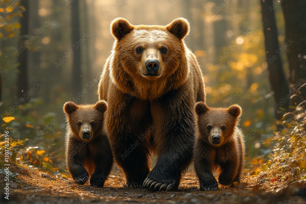 Fototapeta premium A bear with two cubs walking in the forest