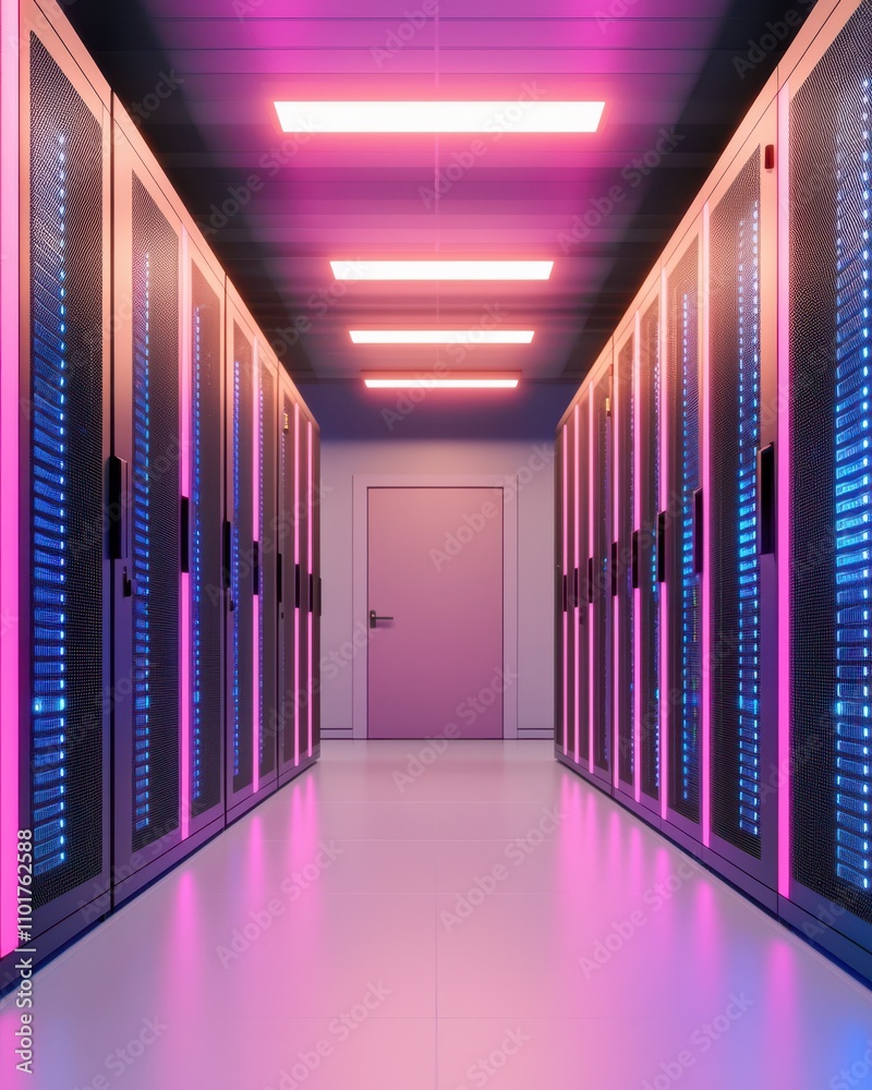 Fototapeta premium A modern data center hallway illuminated by vibrant pink and blue lights, featuring rows of server racks and a door at the end.