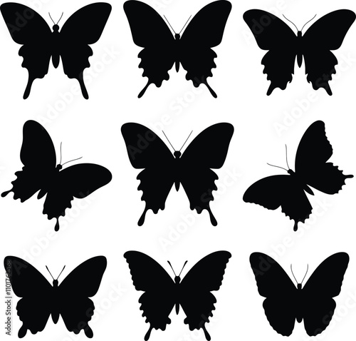 Flying butterflies silhouette black set isolated on white background