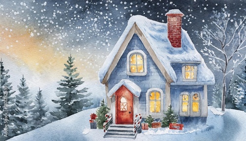 Charming Watercolor Winter House on Transparent Background â€“ A Festive Christmas Illustration Perfect for Holiday Decor, Digital Art, Cards, Crafts, and Seasonal Design Projects