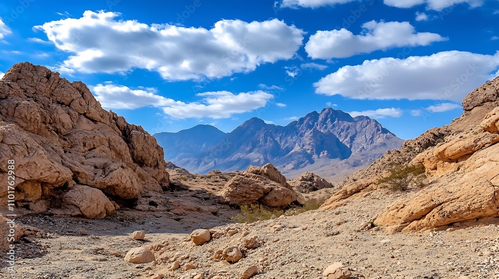 Fototapeta premium Dramatic Rocky Mountain Ranges Under Cloudy Sky in Arid Desert Landscape
