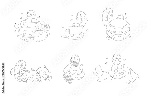 Collection of outline cartoon cute holiday snakes. Christmas and New Year. Vector illustration, winters coloring book for kids.