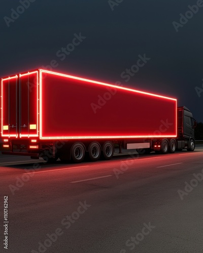 A sleek, illuminated truck parked on a dark road, showcasing vibrant red lights that outline its structure.