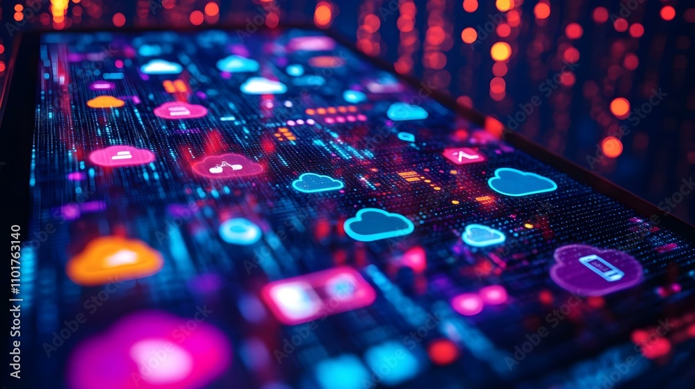 Obraz premium Close Up of Cloud Service Icons on Smart Device Screen Against Vibrant Digital Art Background