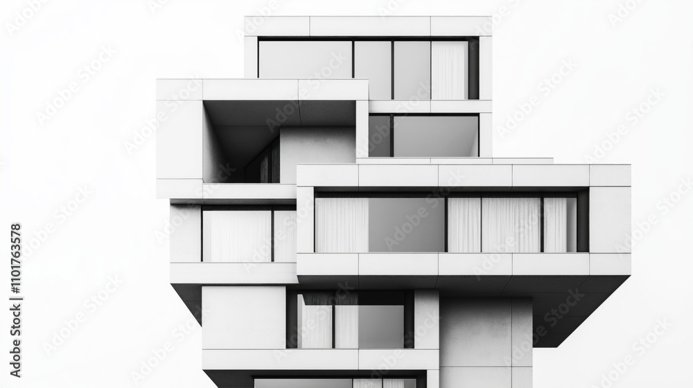 Modern minimalist cubic architectural building with large windows and geometric design features, isolated against a plain white background. Modern minimalist cubic architectural building with large windows and geometric design features, isolated against a plain white background.