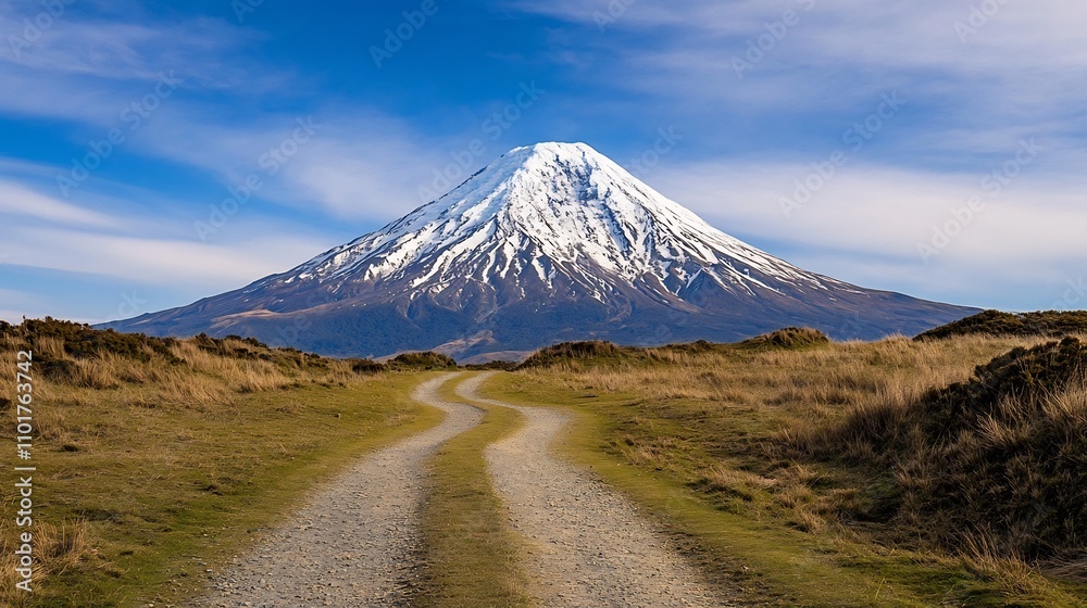 Fototapeta premium Winding Mountain Path Leading to Snow-Capped Peak in Serene Countryside Adventure
