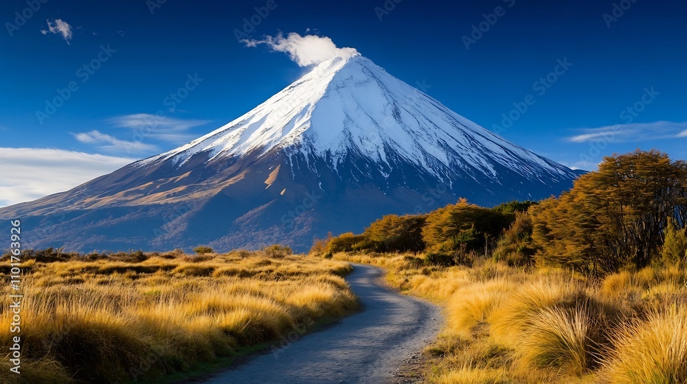 Fototapeta premium Winding Path Leading to Snow-Capped Mountain Scenic Landscape