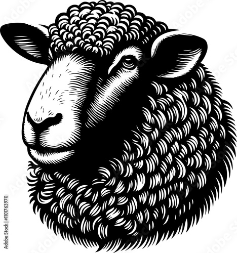 A close-up portrait of a ram. A black and white illustration. Woodcut technique