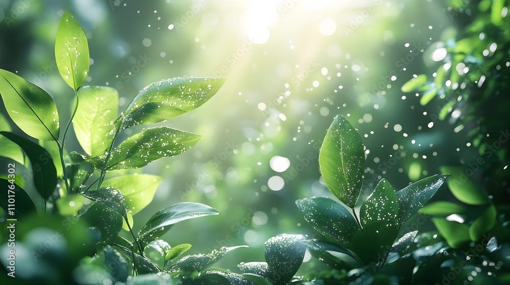 Lush green foliage with water droplets, sunlight shining through leaves. Lush green foliage with water droplets, sunlight shining through leaves.