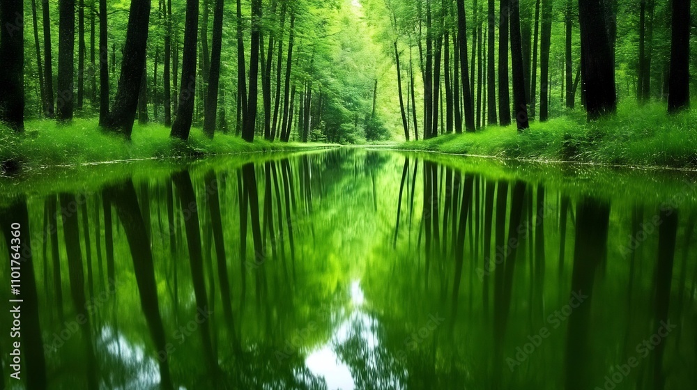 Obraz premium Tranquil Reflection of Lush Forest in Calm Stream in Natural Landscape