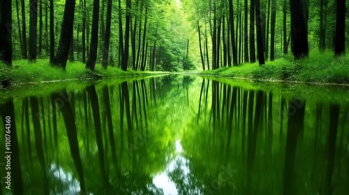 Tranquil Reflection of Lush Forest in Calm Stream in Natural Landscape