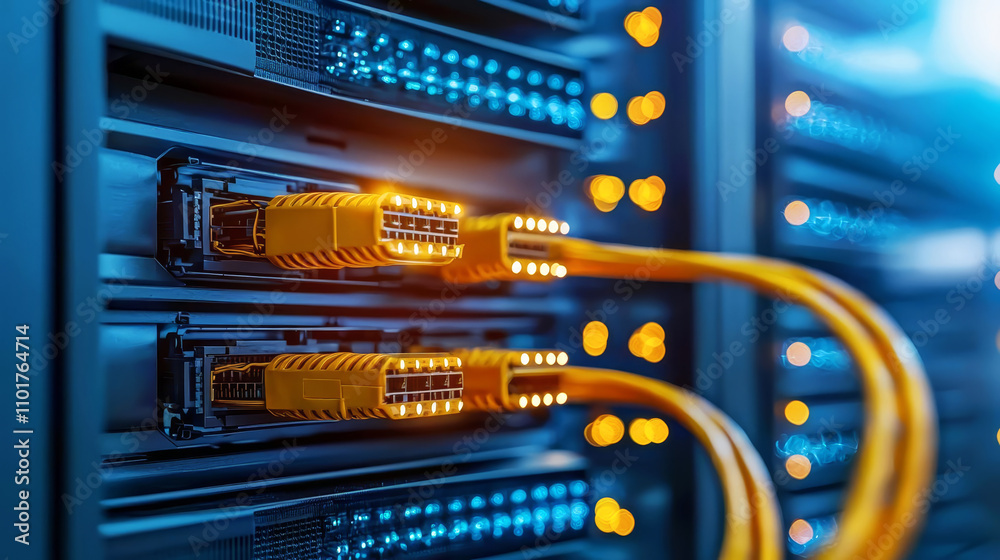 Servers in data center connected by yellow optic wires in disarray Concept Data Center Maintenance