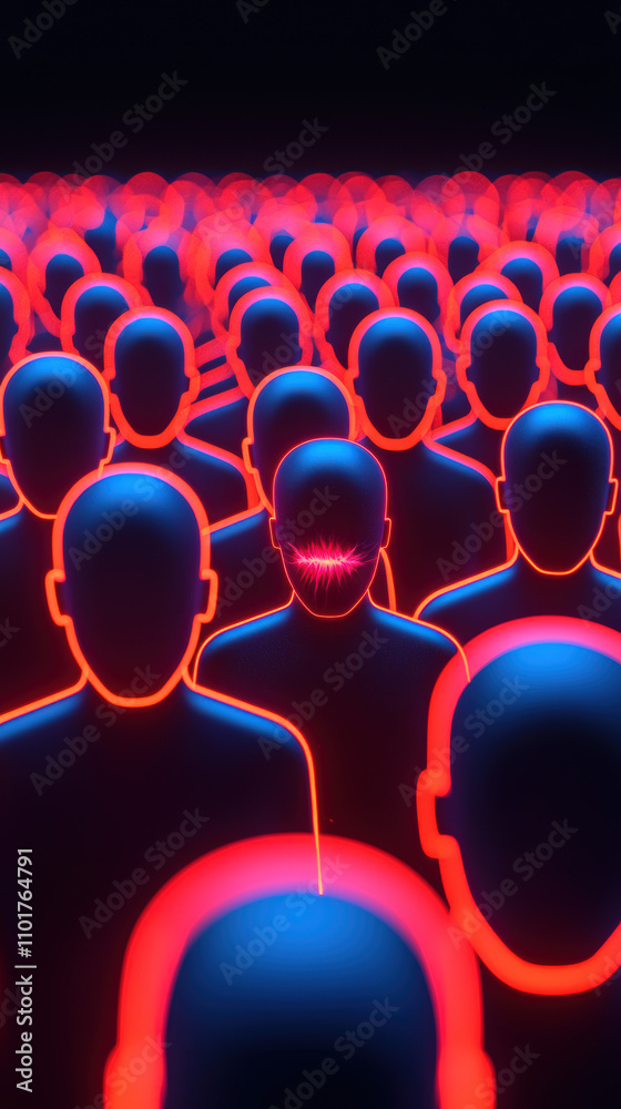 Obraz premium Cyber Bullying Abuse Awareness Support Concept. A vibrant crowd of glowing, faceless figures in blue and red, creating a striking visual contrast that evokes a sense of anonymity and crowd dynamics.
