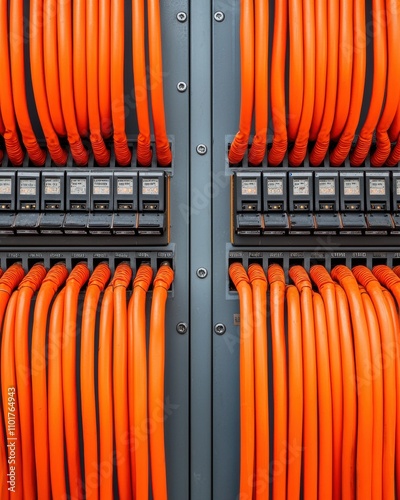 A close-up view of organized orange cables neatly arranged alongside electrical circuit breakers in a server or networking setup.