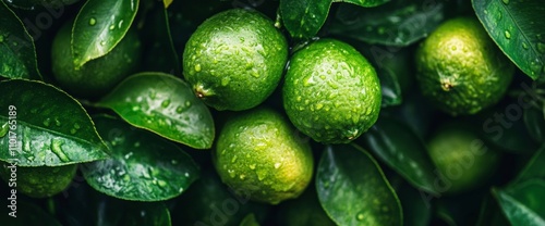 Clusters of fresh green limes thrive among rich green leaves, showcasing their natural beauty in a tropical garden. Water droplets add vibrancy to this lush environment