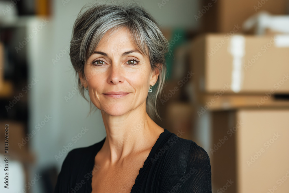 A middle-aged woman with gray streaked hair and a poised expression, standing in a workspace with cardboard boxes A middle-aged woman with gray streaked hair and a poised expression, standing in a workspace with cardboard boxes