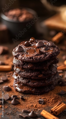 Delicious stack of chocolate cookies with melted chips and cocoa dusting.