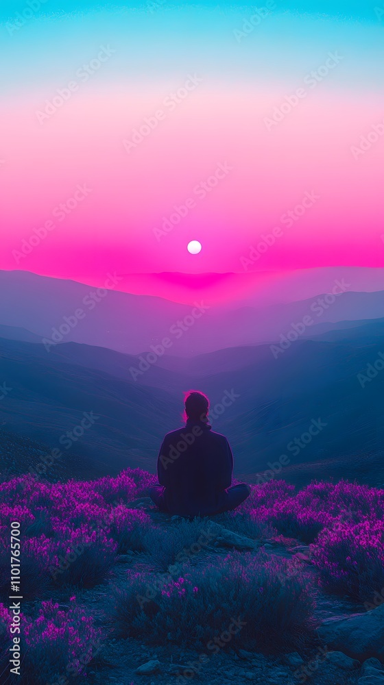 Obraz premium Contemplative person watching a vivid sunset over tranquil mountains.