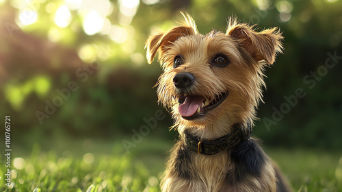 Happy Dog in Sunny Garden  Cute Puppy in Green Grass