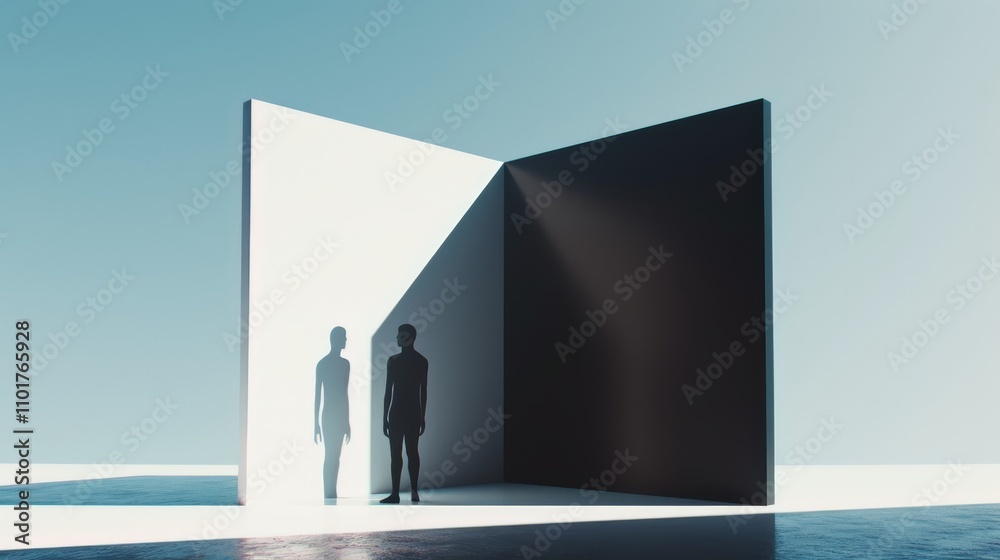 Obraz premium Two silhouetted figures stand in a minimalist, contrasting geometric space of light and shadow. The image explores themes of duality, partnership, and choices within stark contrasts.